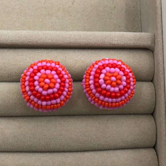 J Crew Beaded earrings PINK RED ORANGE round earrings on post - Picture 4 of 4